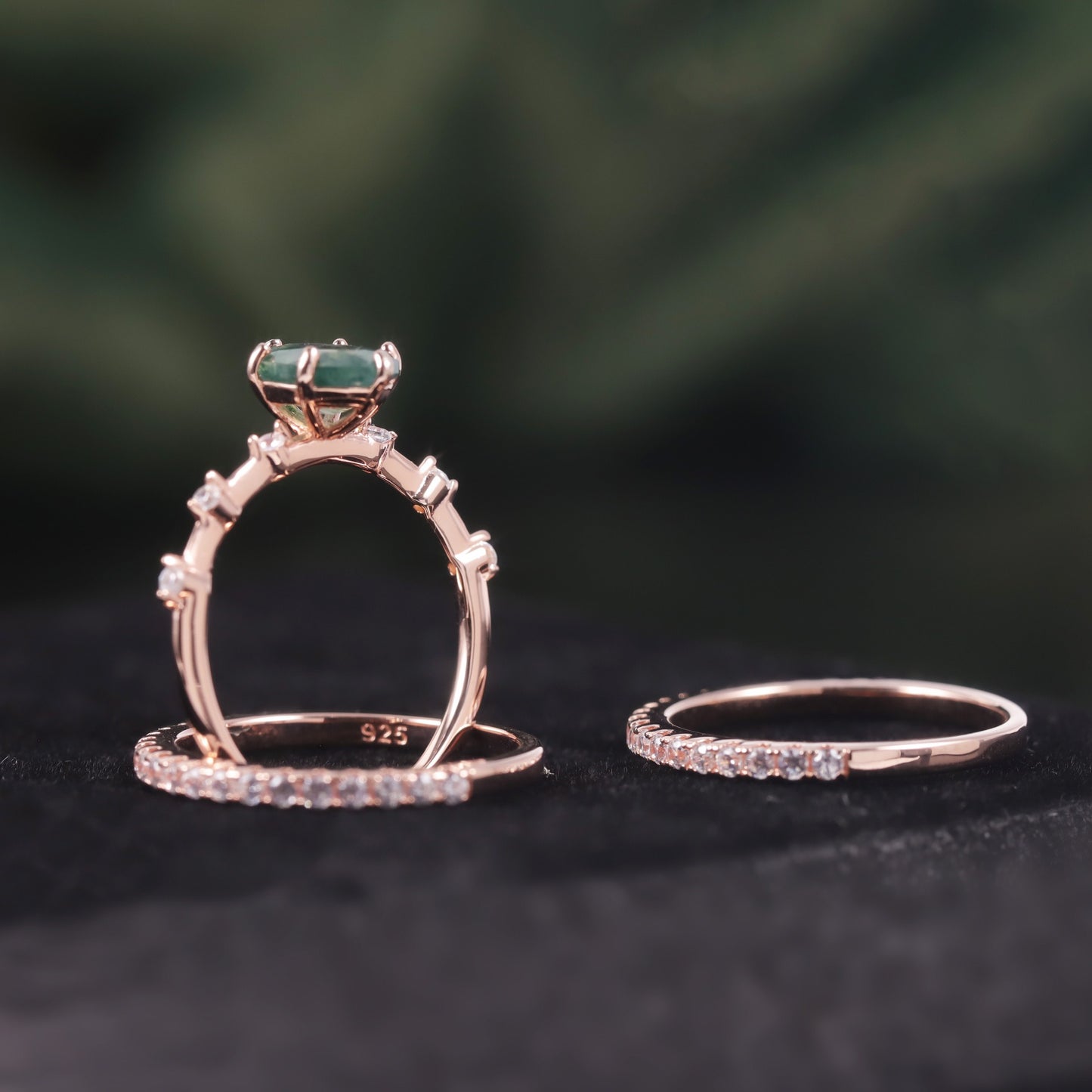 Anillos de compromiso y boda de plata de ley 925 con ágata musgosa verde natural ovalada, hechos a mano, de Kemstone, diseño original.