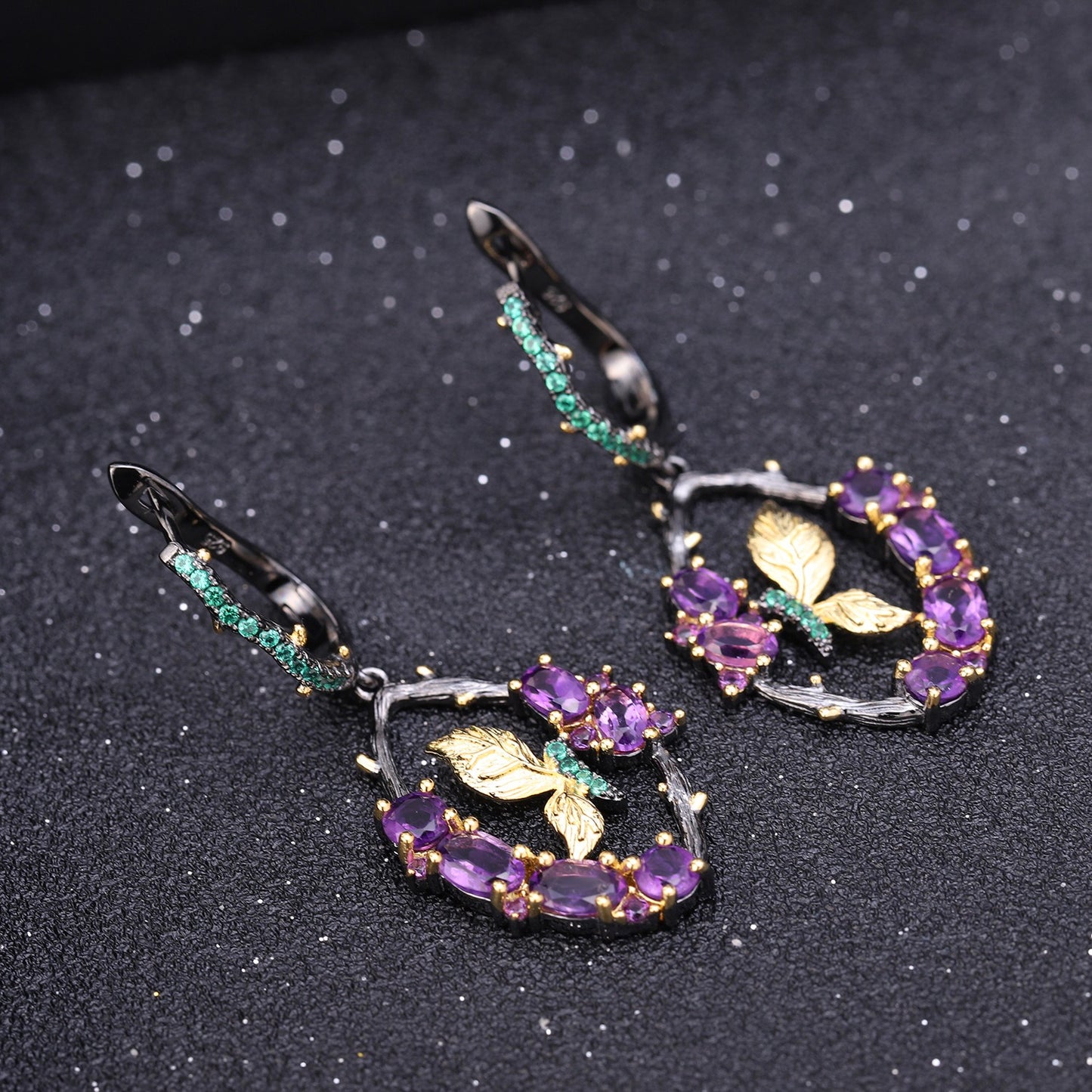 Kemstone Handcrafted Original Design 0.48Ct Natural Amethyst Gemstone Dangle Drop Earrings with Butterfly Design S925 Sterling Silver Jewelry,2"