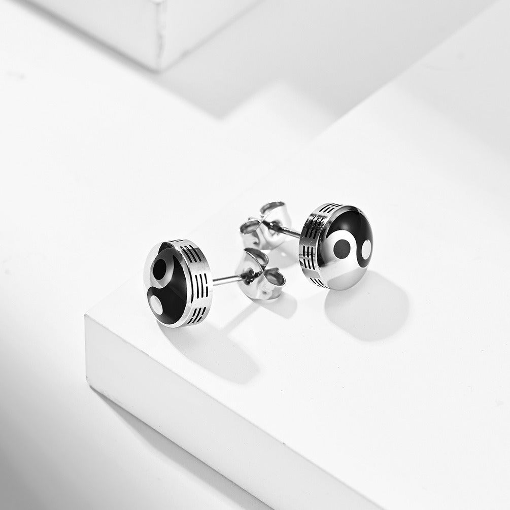 Kemstone Titanium Steel Black White Stud Earrings for Men Minimal Round K-E039