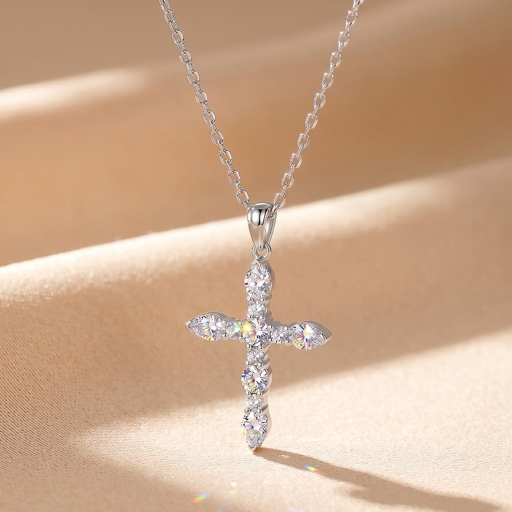 Kemston Moissanite Cross Pendant Necklace for Women 925 Sterling Silver Minimal Design SMON16