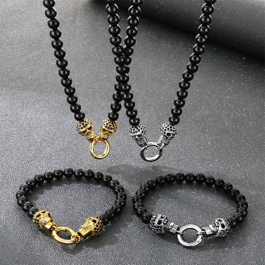 Kemstone Black Onyx Skull Bead Bracelet & Necklace – Titanium Steel with Cubic Zirconia Detail for Men B81841-BD