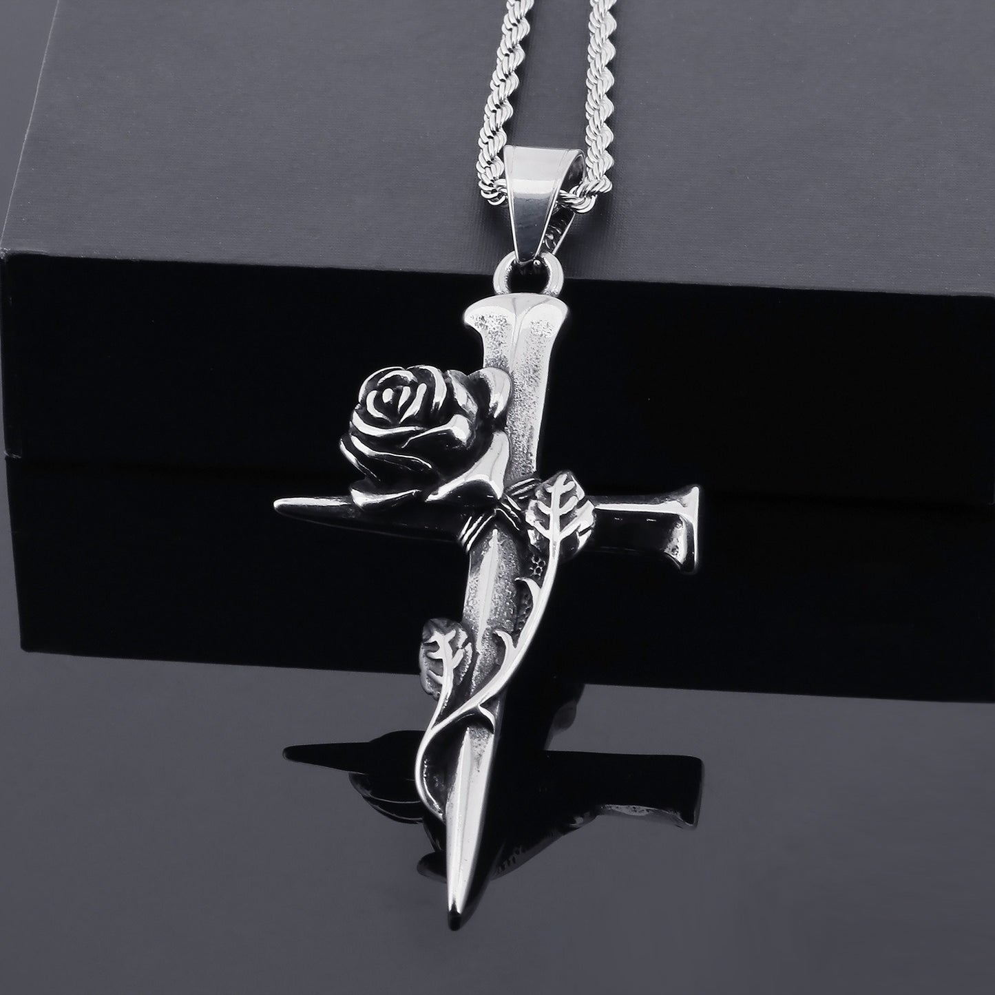Kemstone Gothic Rose Cross Necklace – Vintage Nail-Detail Stainless Steel Pendant for Men’s Streetwear Style KP130372