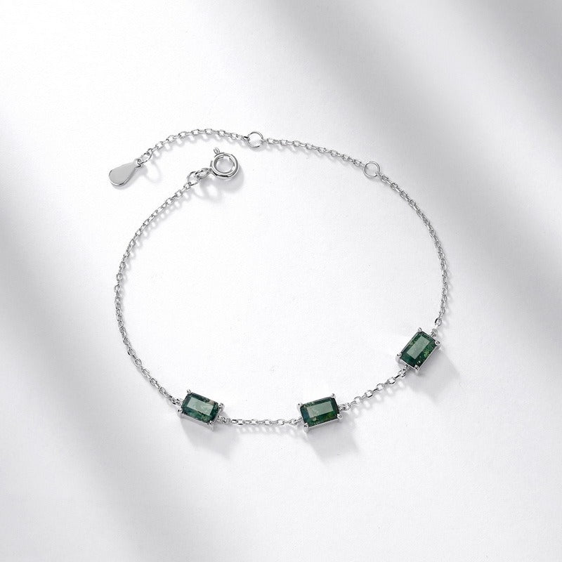 Pulsera de ágata musgosa de diseño original, hecha a mano por Kemstone - Diseño geométrico, plata de ley S925, chapada en oro blanco