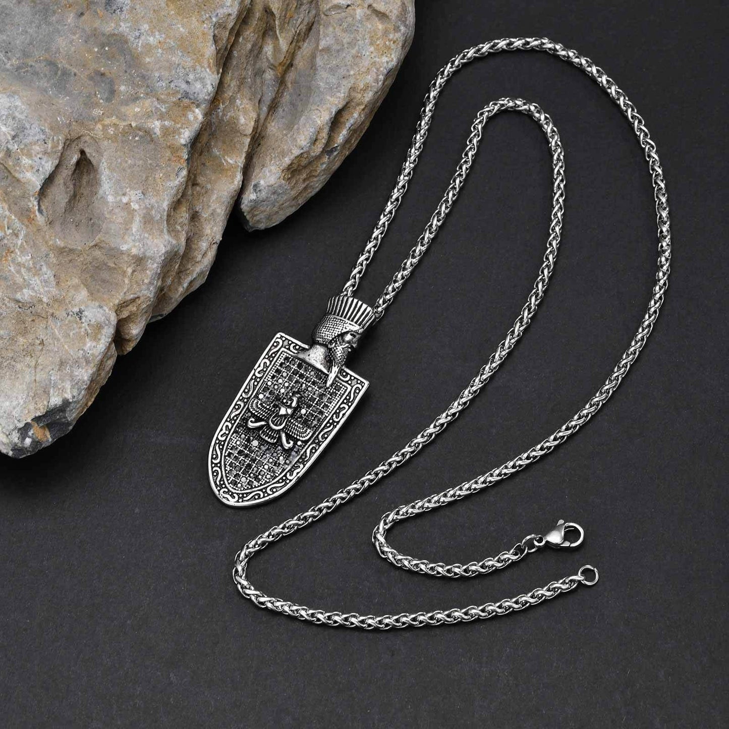 Kemstone Stainless Steel Shield Pendant Necklace for Men – Gun Black, Vintage Armor PN-2261