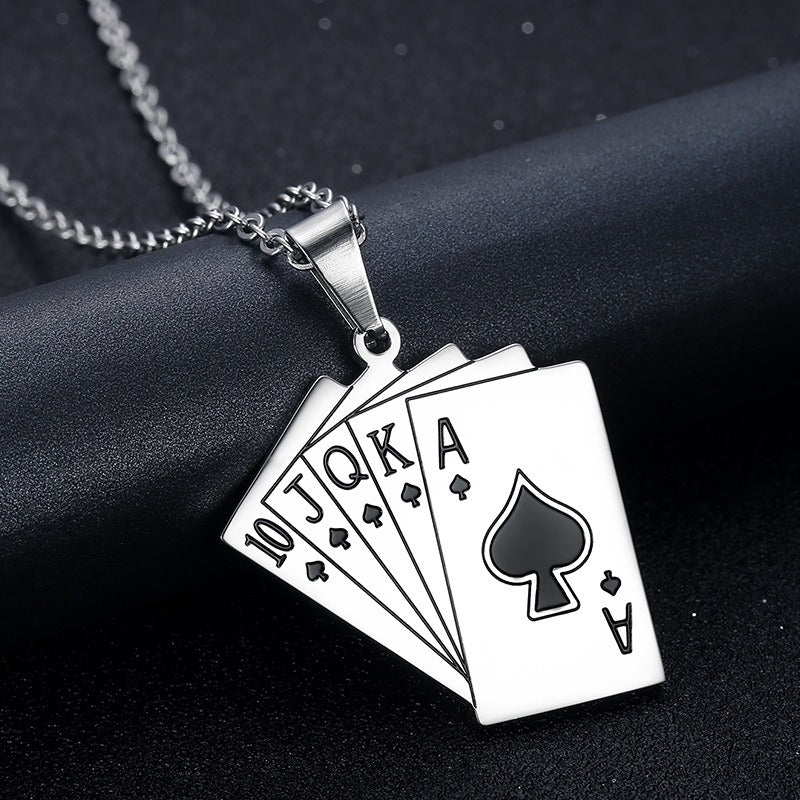 Kemstone Titanium Steel Playing Card Pendant Necklace for Men Five-Card Spade TN0387