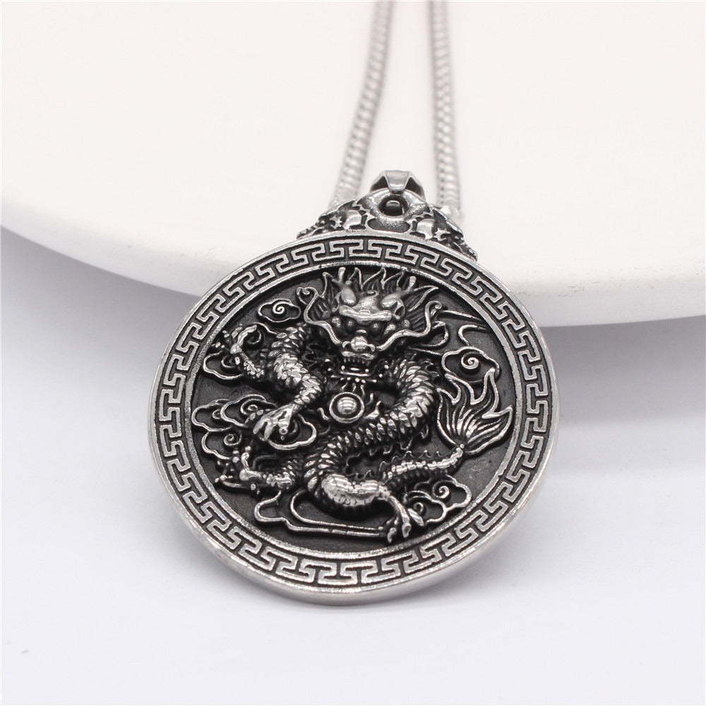 Kemstone Dragon Medallion Pendant Necklace for Men Titanium Steel Relief P1095