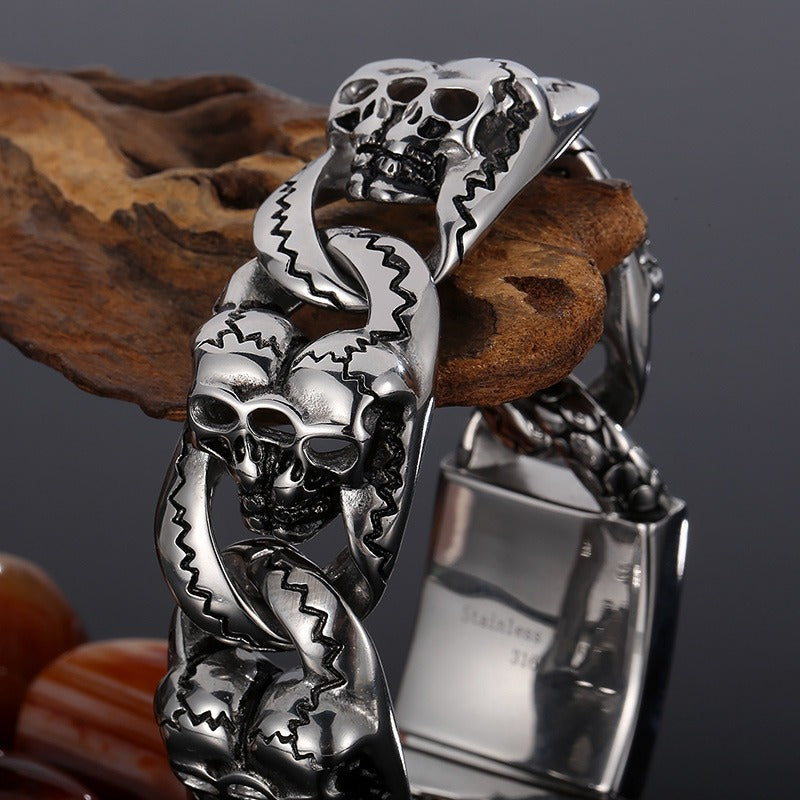 Kemstone Double Skull Titanium Steel Bracelet for Men – Heavy Vintage Chain KB29978