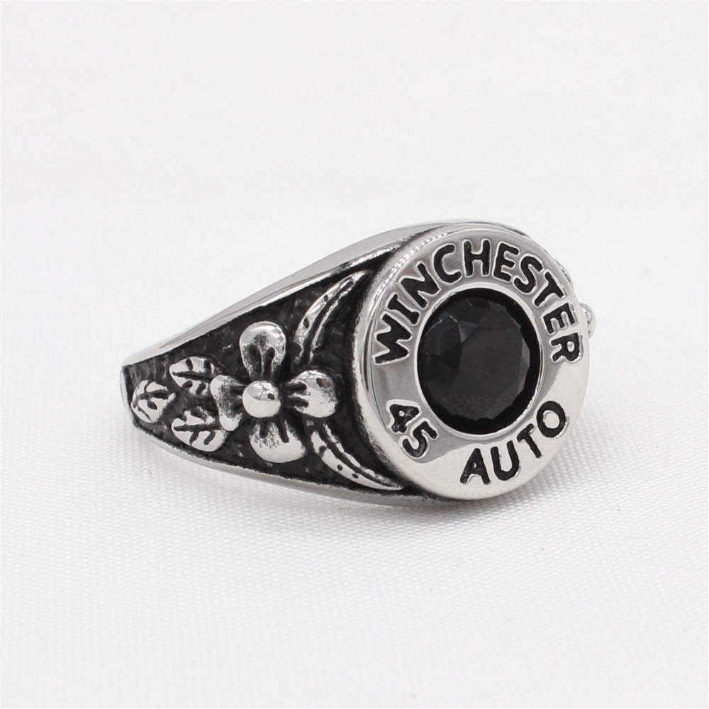 Kemstone Black Stone Signet Ring for Men Titanium Steel Vintage Rose Detail R1579