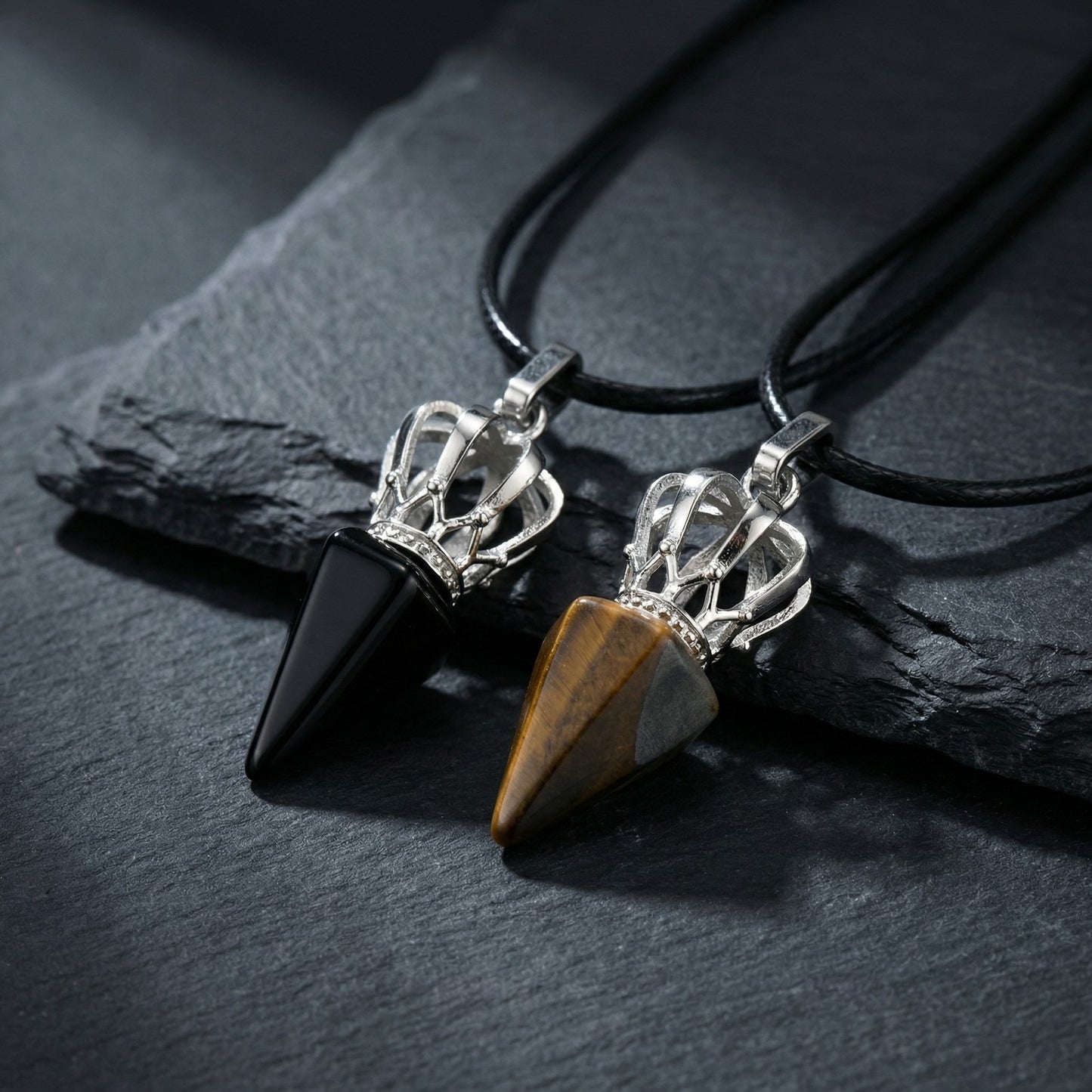 Kemstone Stainless Steel Bullet Tip Hexagonal Crown Tiger Eye Stone Pendant Necklace for Men PN-2286