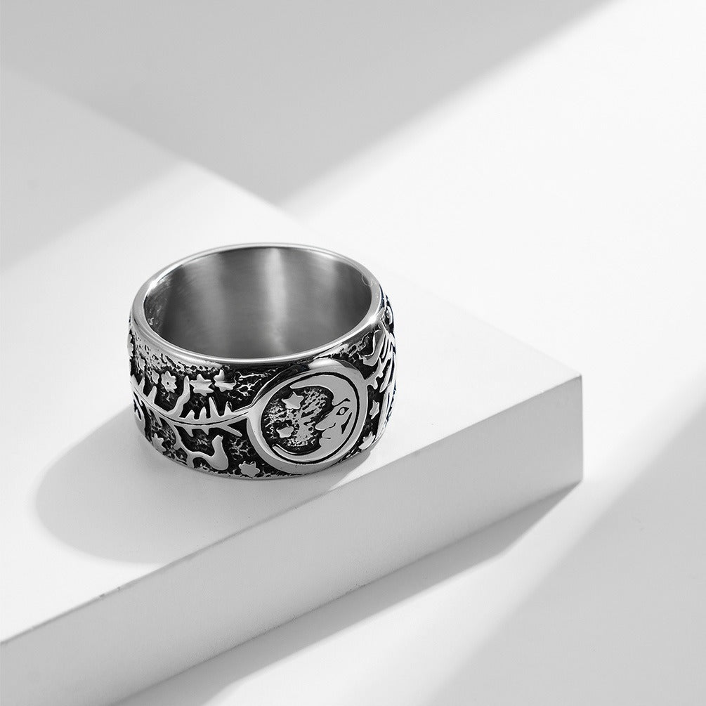 Kemstone Titanium Steel Sun Moon Star Ring – Vintage Men’s Jewelry K-R563
