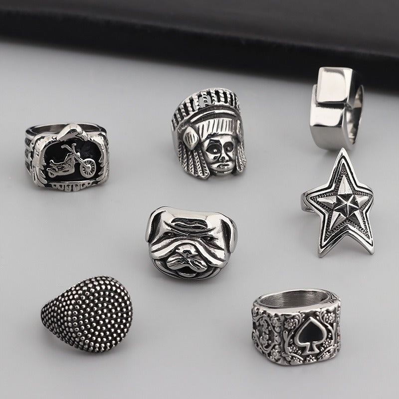 Kemstone Men's Geometric Titanium Steel Ring - Edgy Star & Anchor Tribal Design for Hip Hop Streetwear KR44629-BD