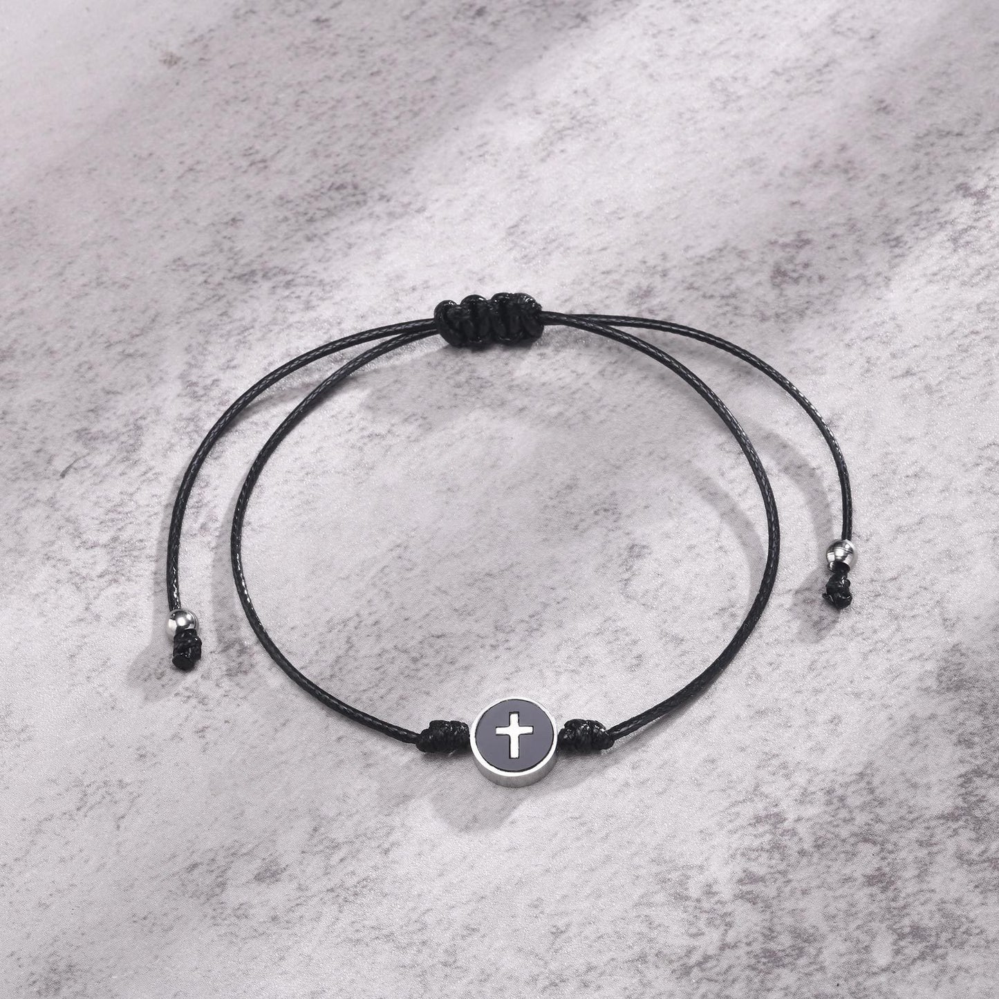 Kemstone Cross Bracelet for Men Stainless Steel Round Charm Adjustable Nylon Cord CB-195