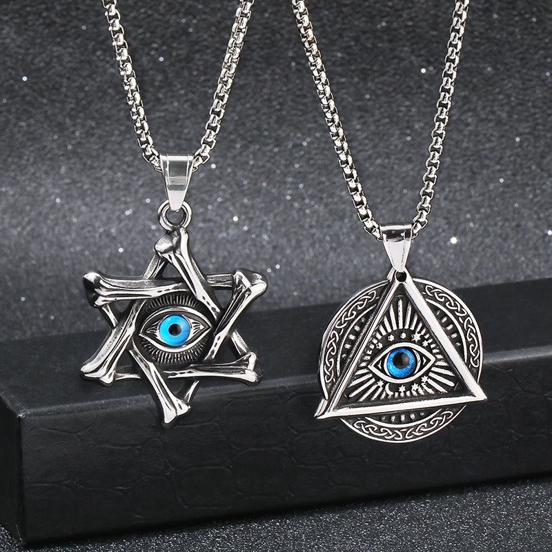 Kemstone Punk Triangle Chain Pendant - Vintage Hexagram Evil Eye Stainless Steel Necklace, Retro Bohemian Men's Fashion Accessory KP119884-MI