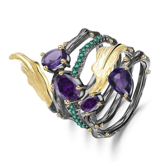 Kemstone Sterling Silber Vine Ring mit natürlichem Amethyst/Blautopas/Smaragd/Granat/Grünem Achat 