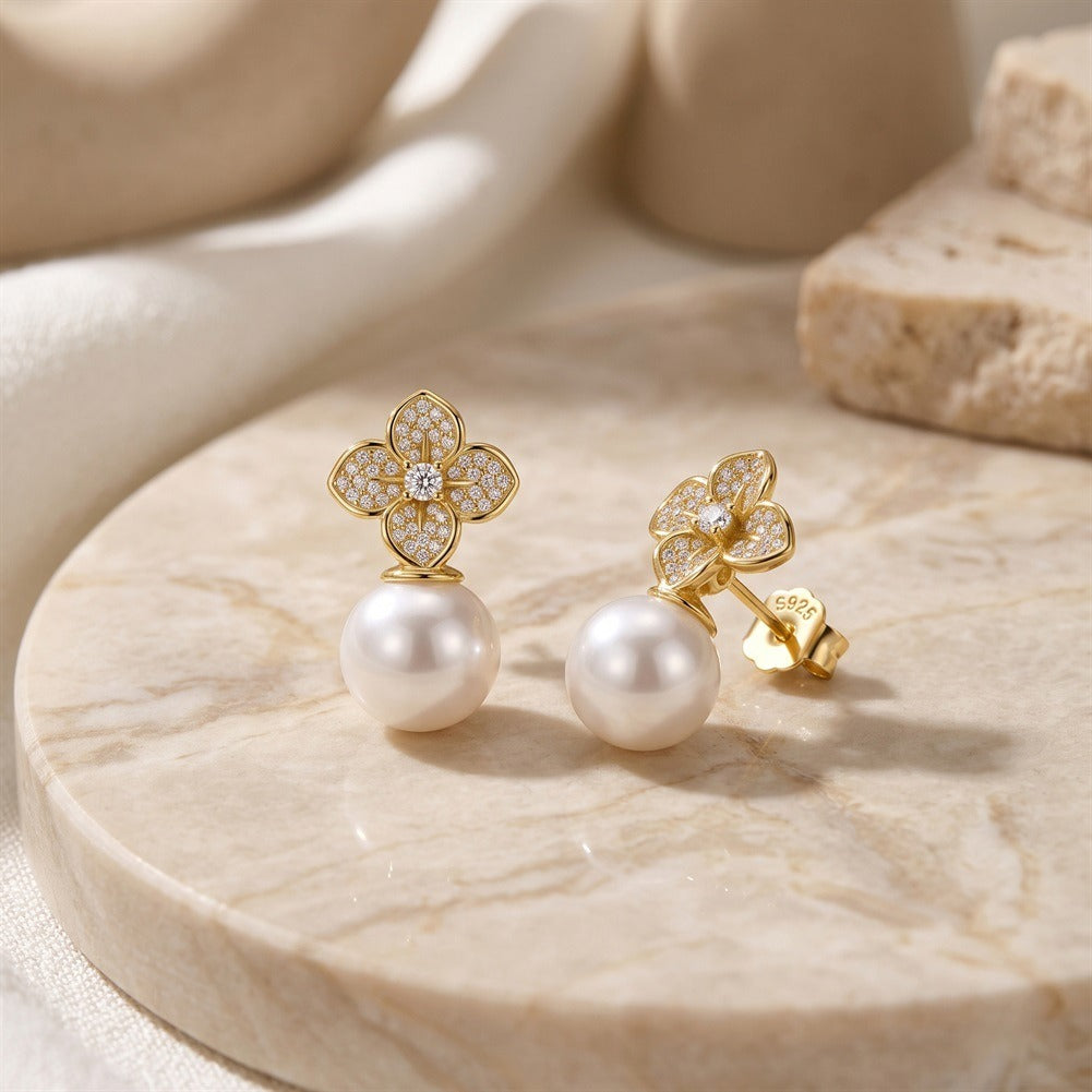 Kemston 925 Sterling Silver Four Petal Pearl Drop Earrings for Women PSE21