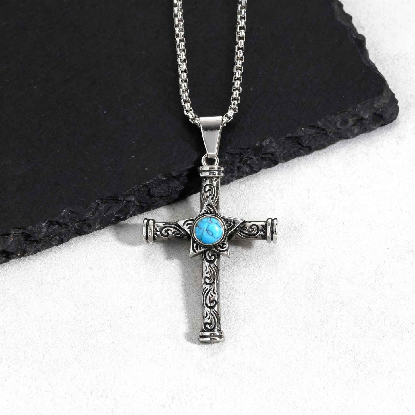 Kemstone Stainless Steel Cross Pendant Necklace Men’s Turquoise Star PN-2235