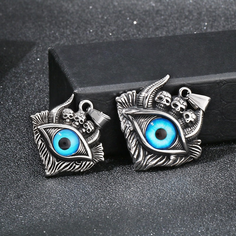 Colgante de calavera punk y abismo de Satán de Kemstone - Collar gótico de acero de titanio para hombre con diseño de mal de ojo y demonio KP119887