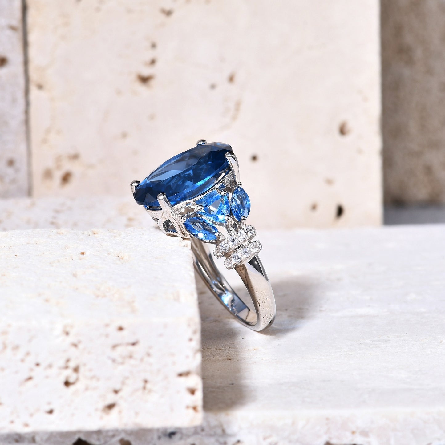 Kemstone Handcrafted Original Design 7.0 Carat Lab Blue Spinel Gemstone Ring - Classic Oval Design, 925 Sterling Silver Setting,K244281E