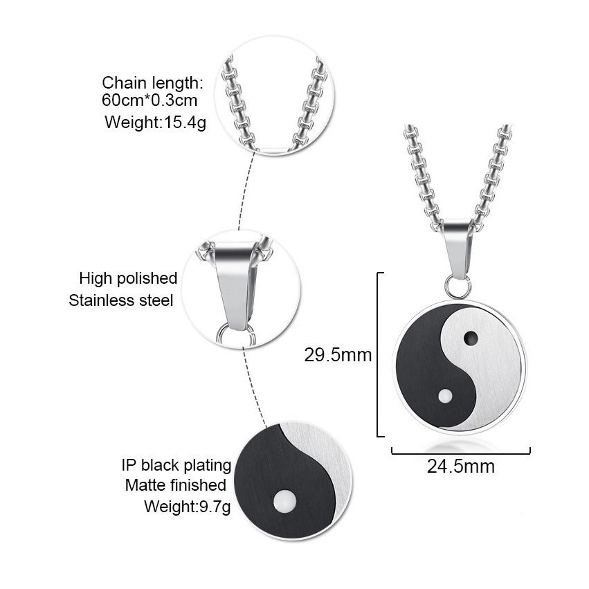 Kemstone Stainless Steel Yin Yang Pendant Necklace – Black White Balance Design for Men PN-602