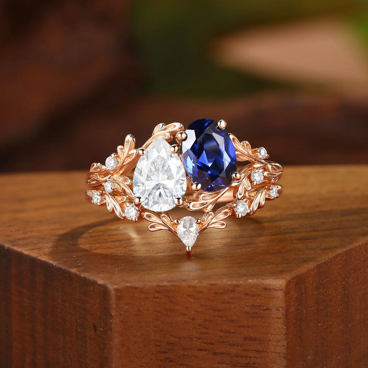 Kemstone Moonstone & Mandarin Garnet Ring Set for Women – Vintage Floral Stackable Ring in S925 Sterling Silver 18K Gold Plated T7-YC0323RS
