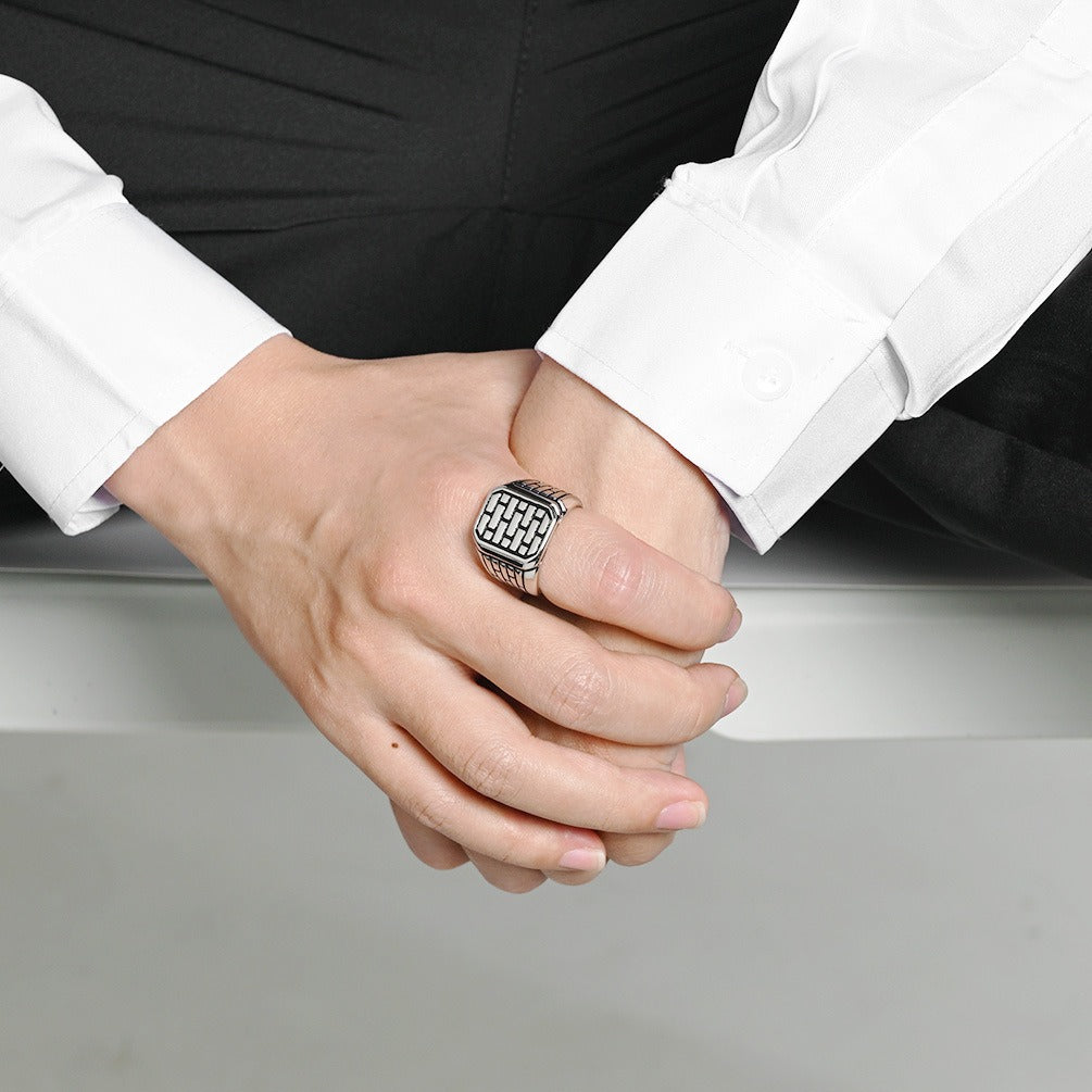 Kemstone Brick Pattern Ring for Men Stainless Steel K-R1181