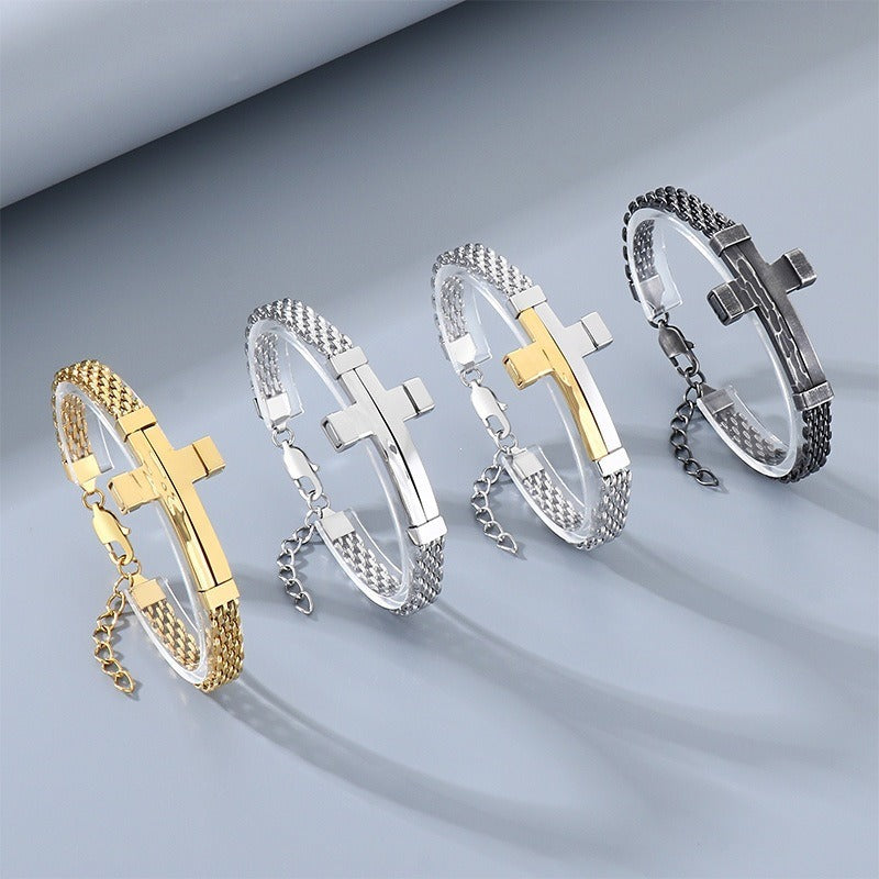 Kemstone Woven Chain Cross Bracelet for Men Titanium Steel KB213351-KFC