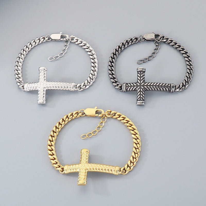 Kemstone Stainless Steel Adjustable Cross Cuban Link Bracelet for Men KB210837-KFC