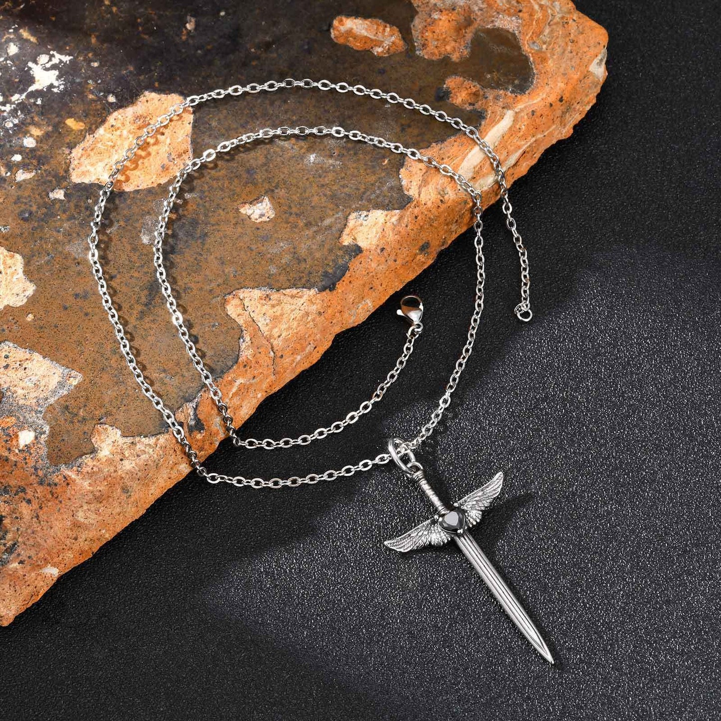 Kemstone Stainless Steel Winged Sword Pendant Necklace with Black Cubic Zirconia for Men PN-2245