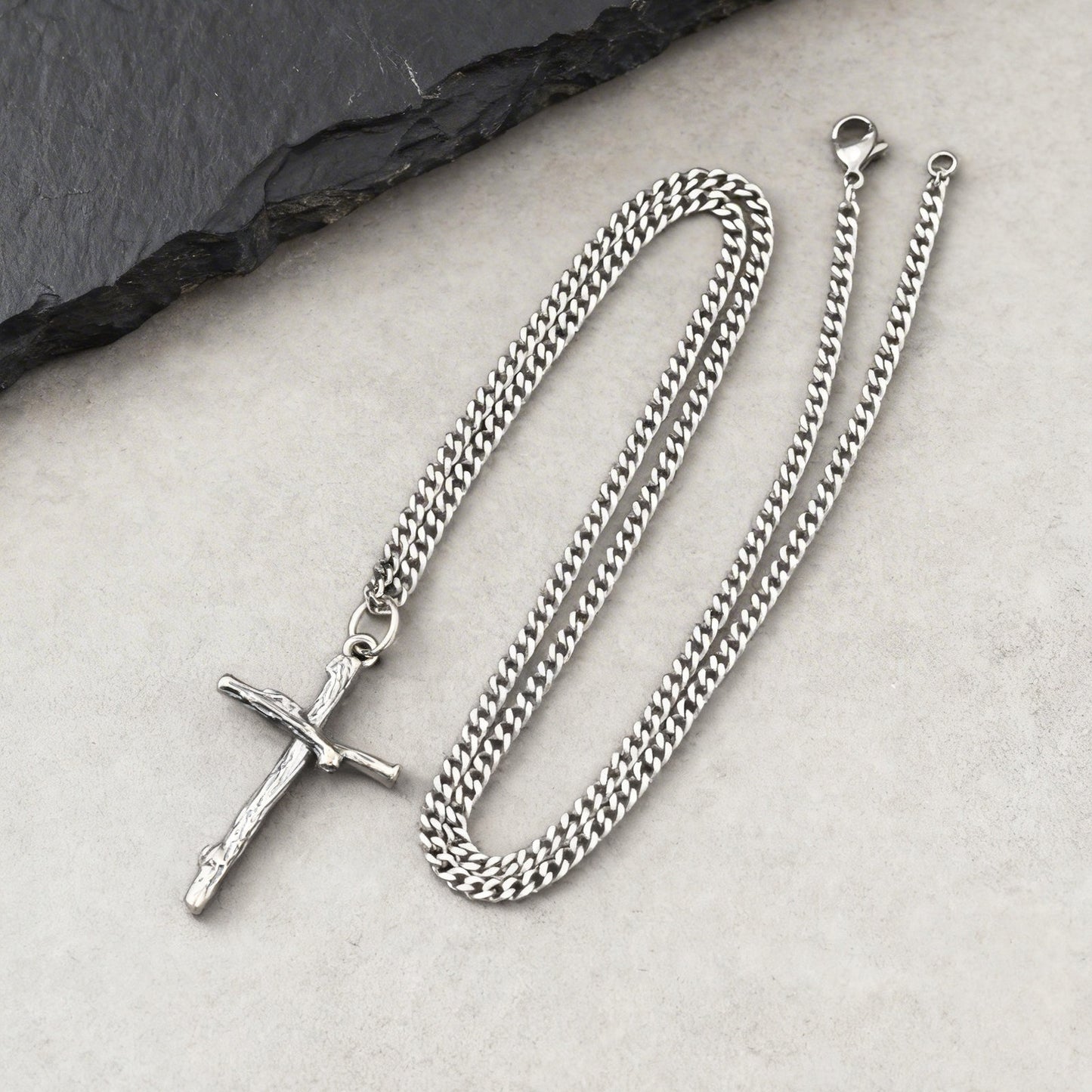 Kemstone Branch Cross Pendant Necklace Stainless Steel Chain Silver for Men PNB-403