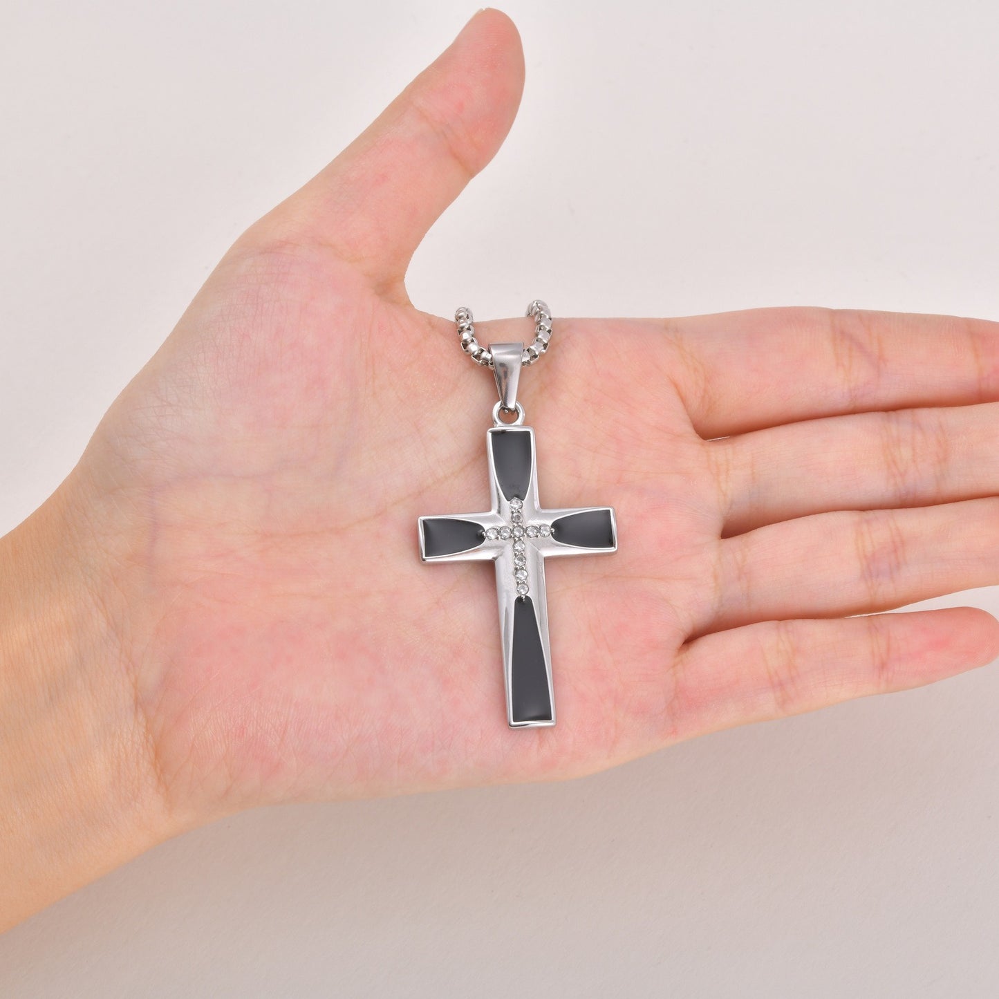 Kemstone Stainless Steel Black Cross Pendant Necklace with Cubic Zirconia for Men PN-2321
