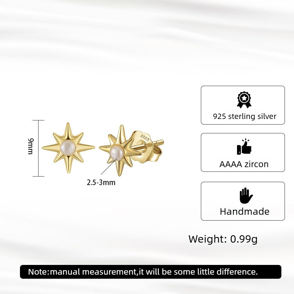 Kemstone 925 Sterling Silver Pearl Star Stud Earrings for Women Eight Point Gold GPE113
