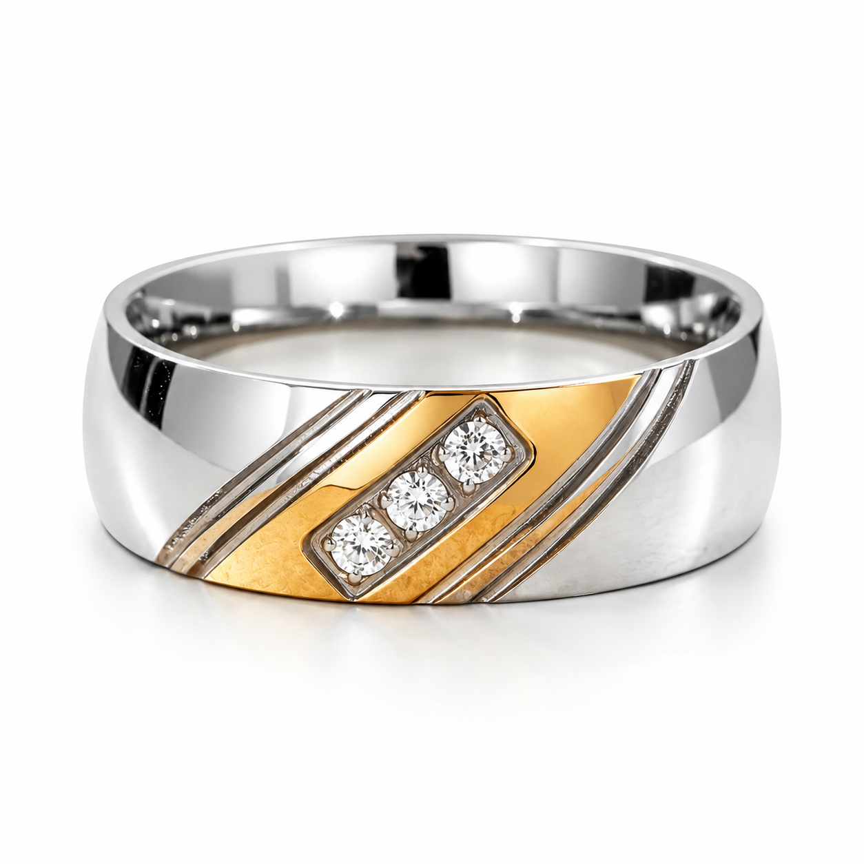 Kemstone Stainless Steel Two Tone Cubic Zirconia Ring for Men Silver Gold TR0422
