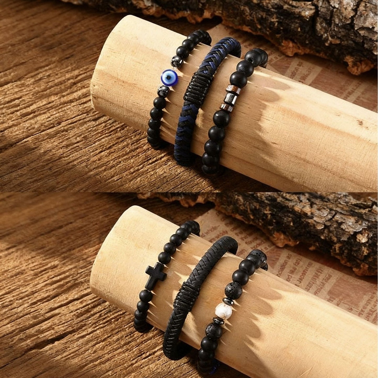 Kemstone Men’s Beaded Bracelet Set – Black Onyx, Lava Stone & Leather BR-2751