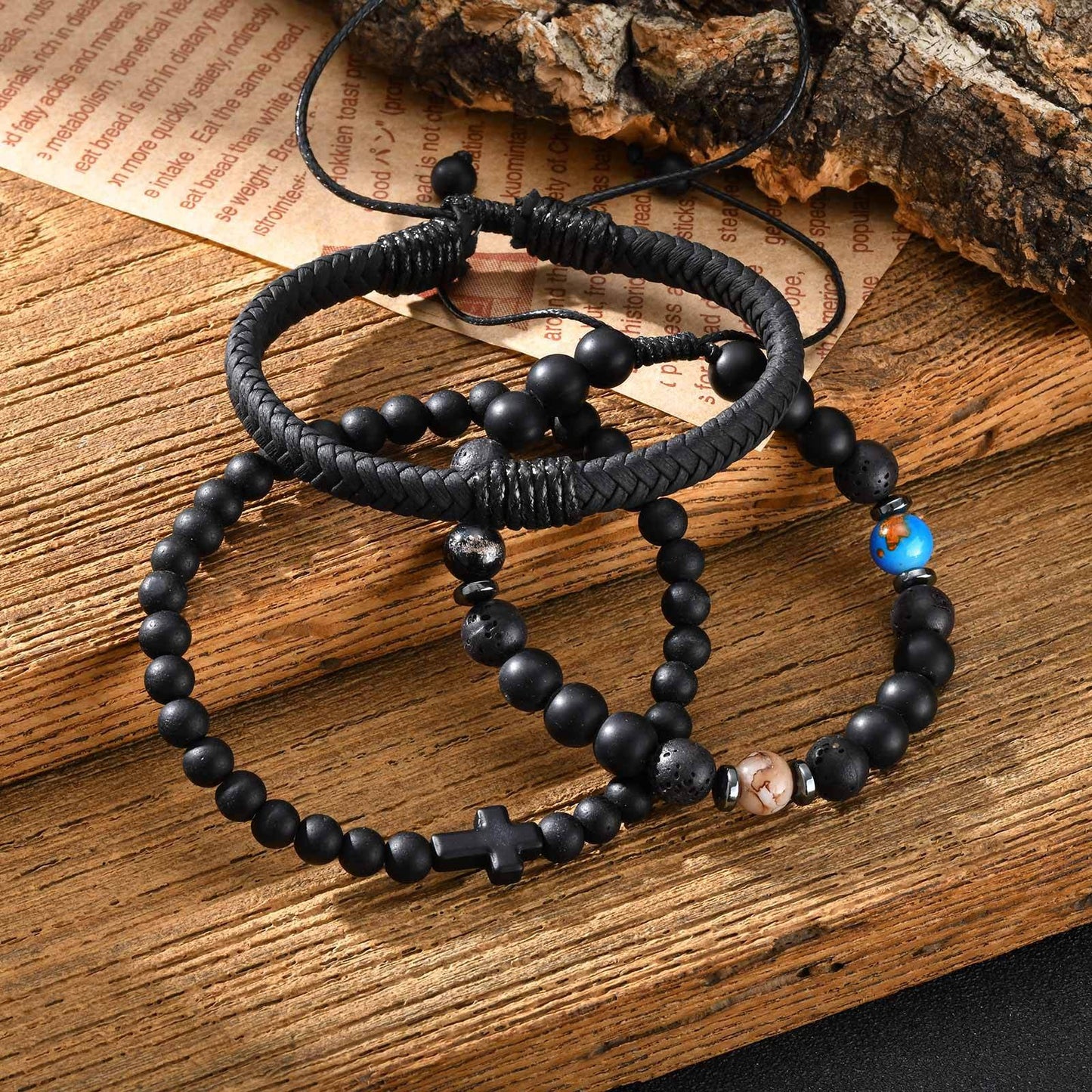 Kemstone Men’s Beaded Bracelet Set – Black Onyx, Lava Stone & Leather BR-2751