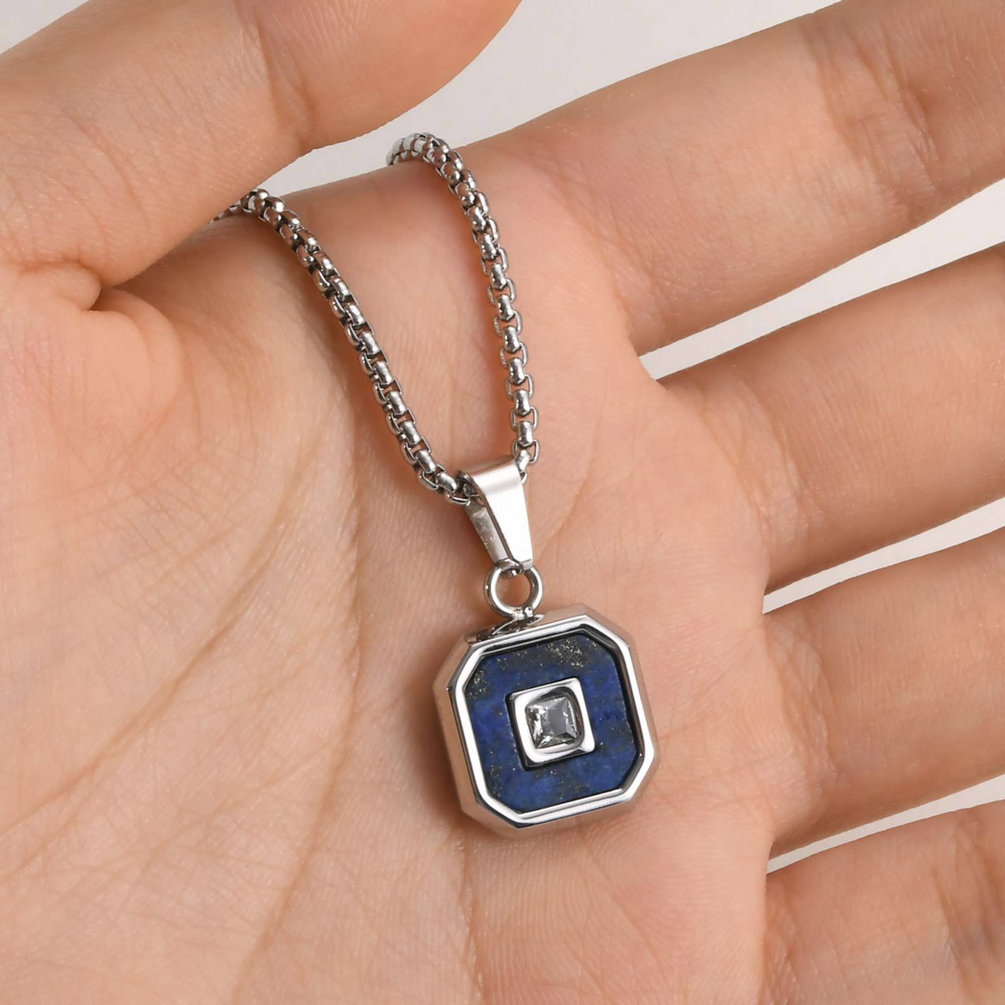 Kemstone Men’s Stainless Steel Lapis Lazuli Cubic Zirconia Pendant Necklace – Gold Silver Black PN-2074