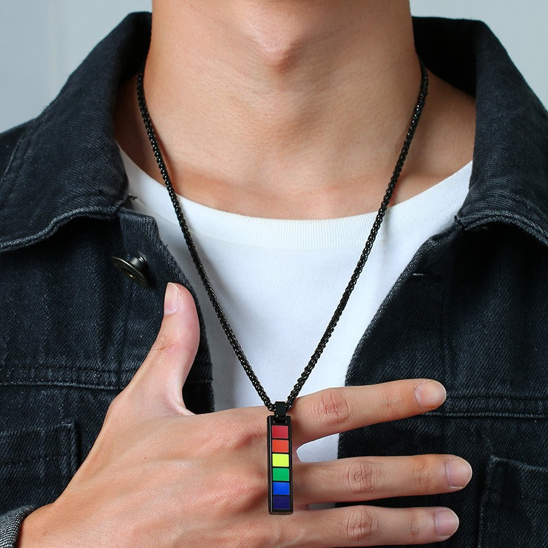 Kemstone Color Block Bar Pendant Necklace Stainless Steel Rectangle Design for Men PPN-004