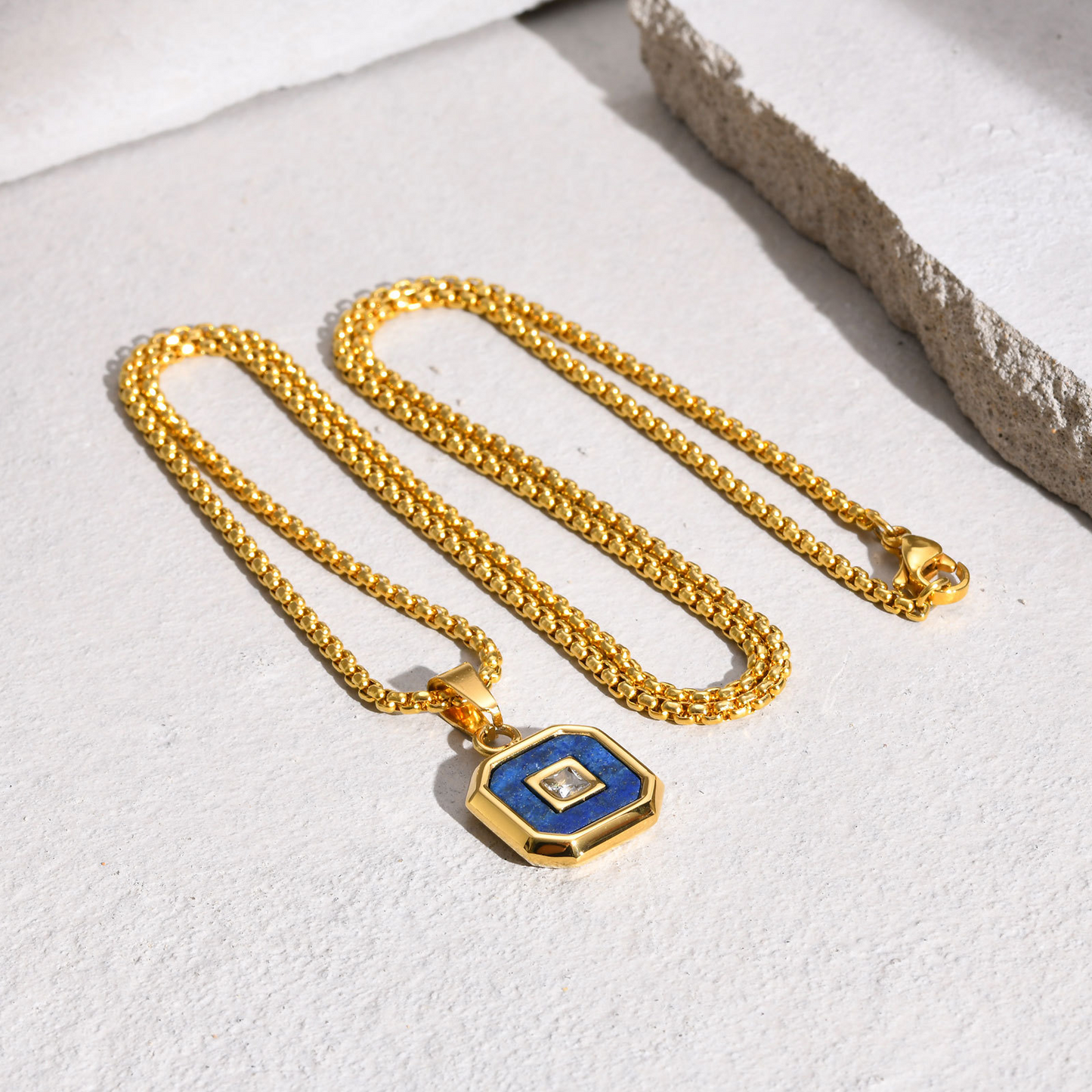 Kemstone Men’s Stainless Steel Lapis Lazuli Cubic Zirconia Pendant Necklace – Gold Silver Black PN-2074