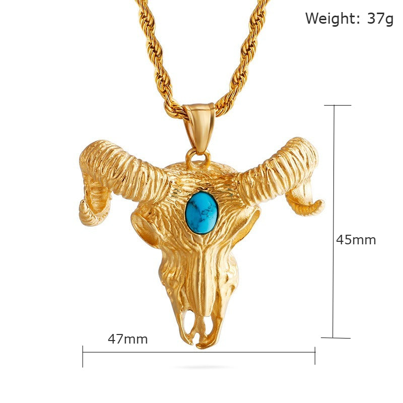 Kemstone Titanium Steel Ram Skull Pendant Necklace for Men – Vintage Horned Symbol KP79917-K