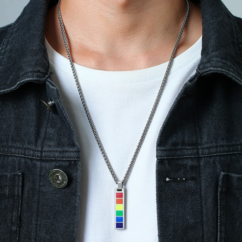 Kemstone Color Block Bar Pendant Necklace Stainless Steel Rectangle Design for Men PPN-004