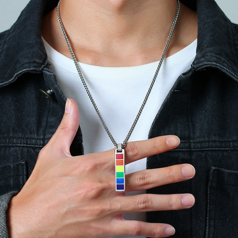 Kemstone Color Block Bar Pendant Necklace Stainless Steel Rectangle Design for Men PPN-004