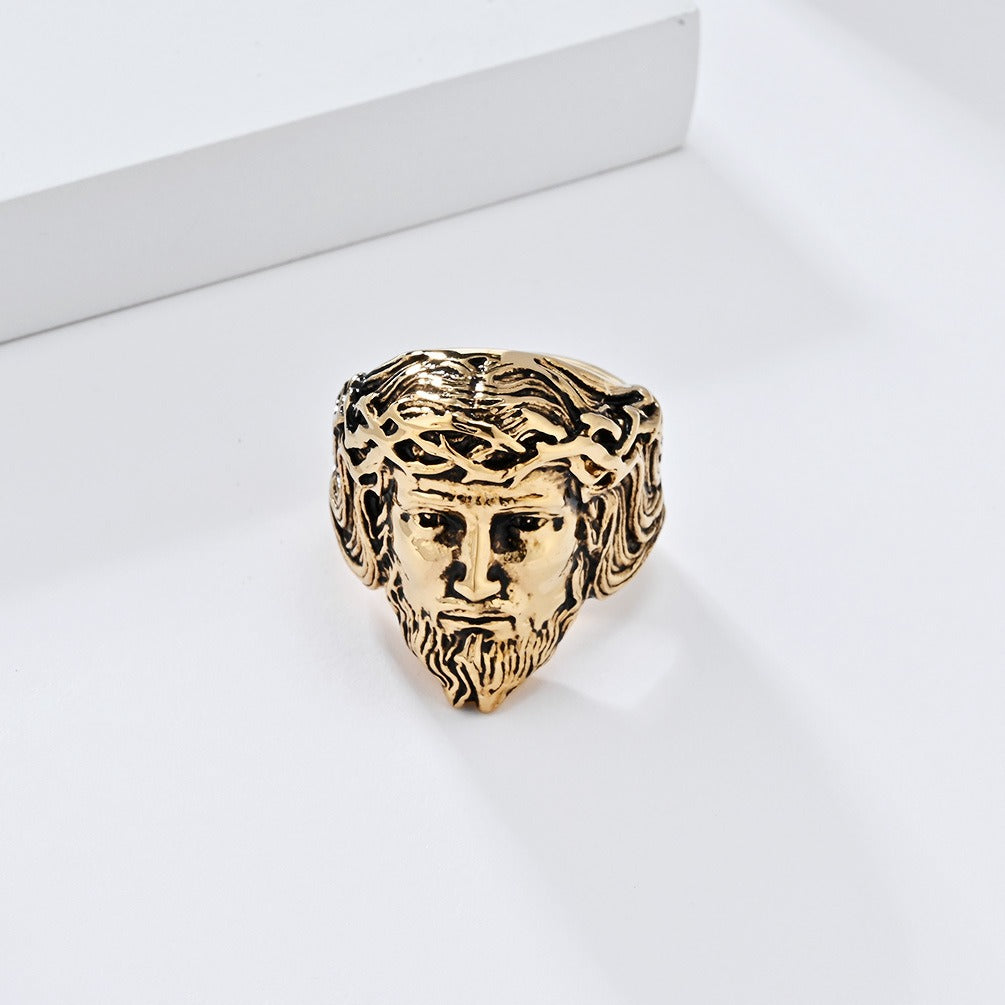 Kemstone Stainless Steel Vintage Portrait Ring for Men Sculpted Face Design K-R942