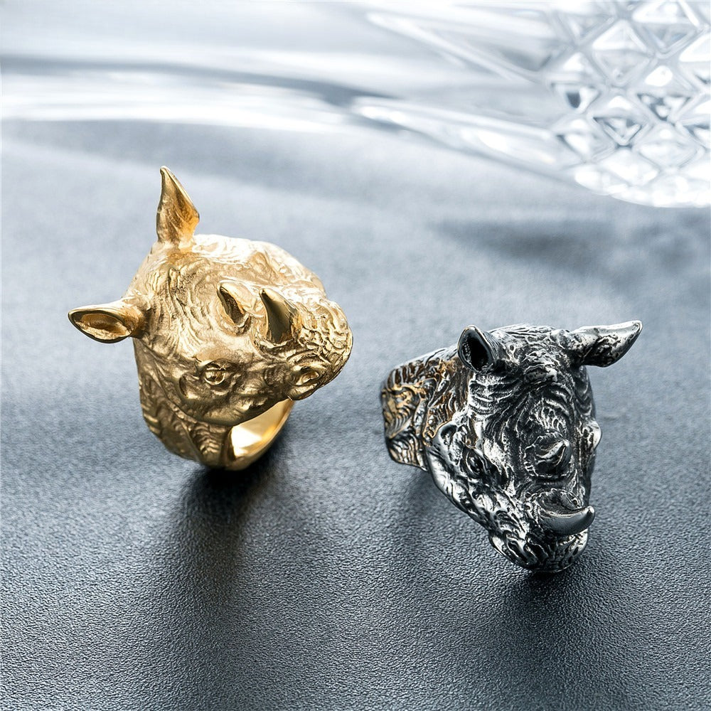 Kemstone Titanium Steel Rhino Head Ring for Men Vintage Animal R0340-NK01