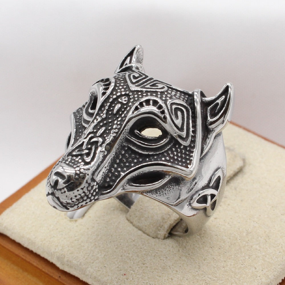 Kemstone Titanium Steel Wolf Head Ring for Men Sculpted Texture Vintage R1637