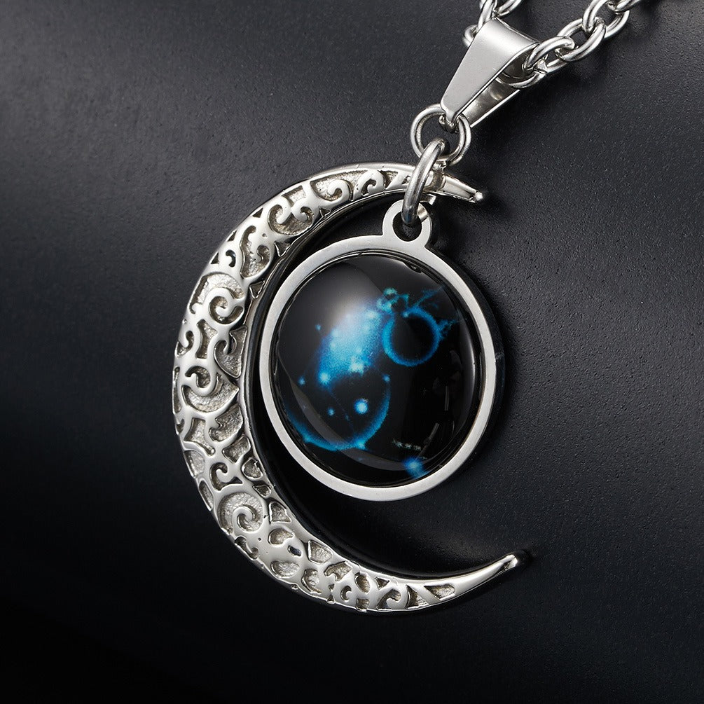Kemstone Zodiac Sign Necklace for Men & Women Stainless Steel Crescent Moon Pendant Constellation Jewelry K-PT181