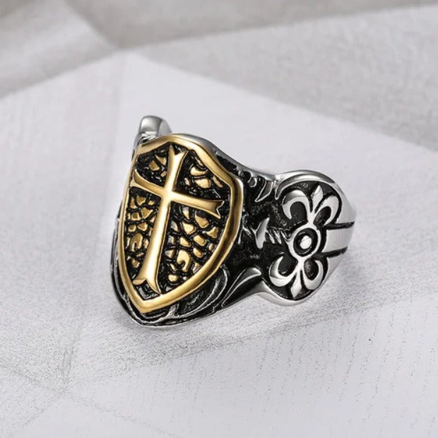 Kemston Titanium Steel Cross Shield Ring for Men Gothic TR0123