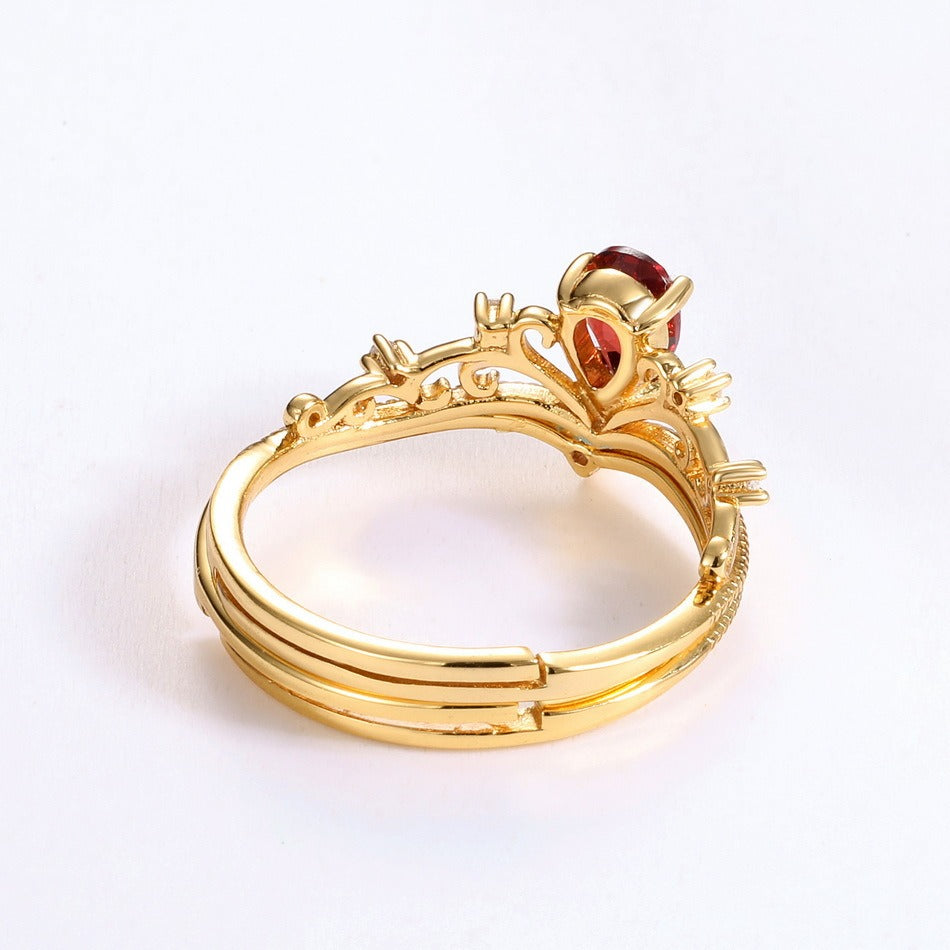 Anillo de corona de granate vintage, chapado en oro de 14 quilates, hecho a mano por Kemstone. Diseño original para mujer.