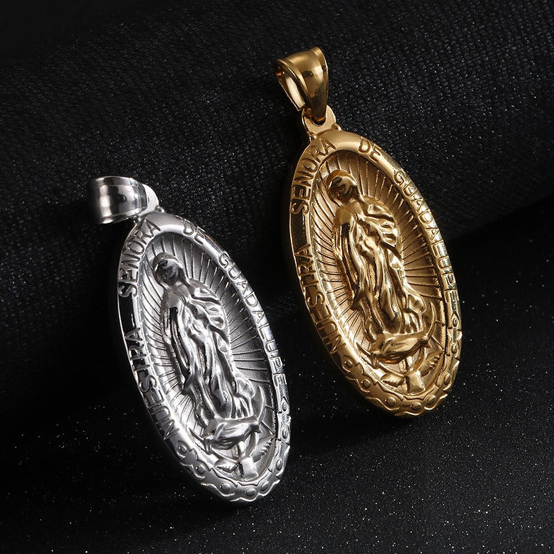 Kemstone Gothic Madonna Coin Pendant – Matte Alloy Necklace for Men with Vintage Religious Edge KP80836-Z