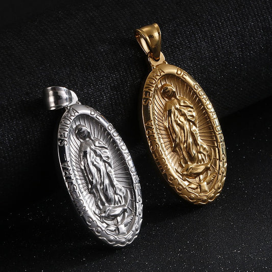 Kemstone Gothic Madonna Coin Pendant – Matte Alloy Necklace for Men with Vintage Religious Edge KP80836-Z