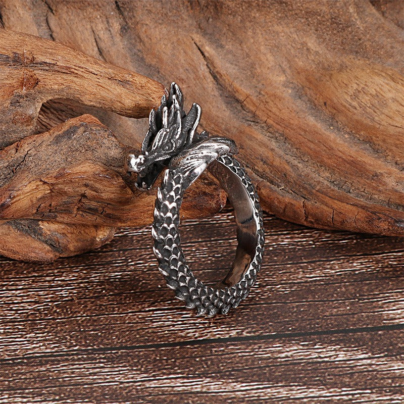 Kemstone Stainless Steel Bold Dragon Head Ring - Adjustable Open-End Ring for Men, Ethnic Retro Jewelry for Everyday Wear KR53285-K