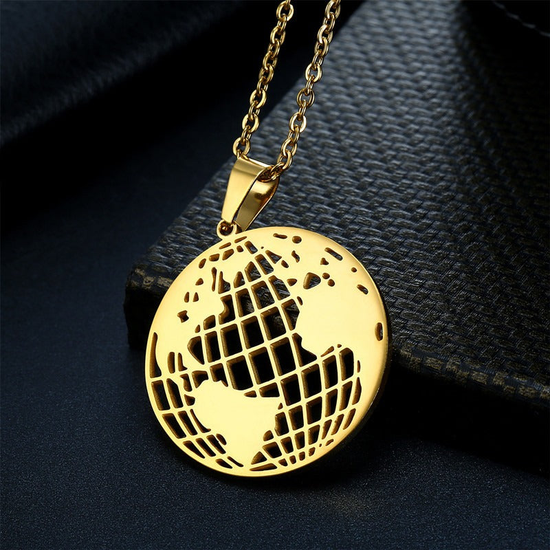 Kemston World Map Pendant Necklace for Men 316L Stainless Steel Openwork TN0186